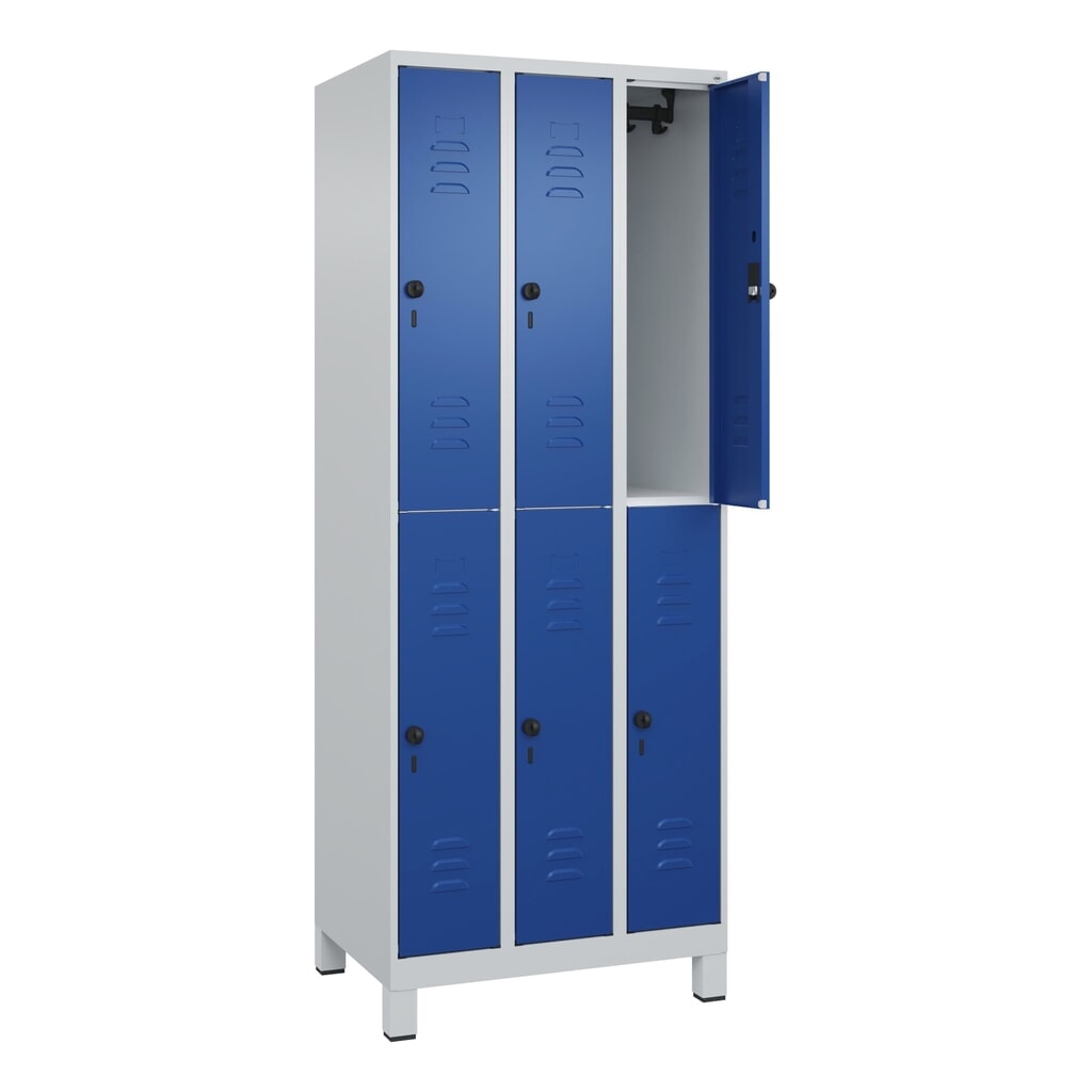 Illustration du produit: C+P Doppelstock-Spind Classic PLUS, Füße, 3 Abteile, HxBxT 1.950 x 750 x 500 mm, lichtgrau, enzianblau, 6 Fächer, für Vorhängeschloss