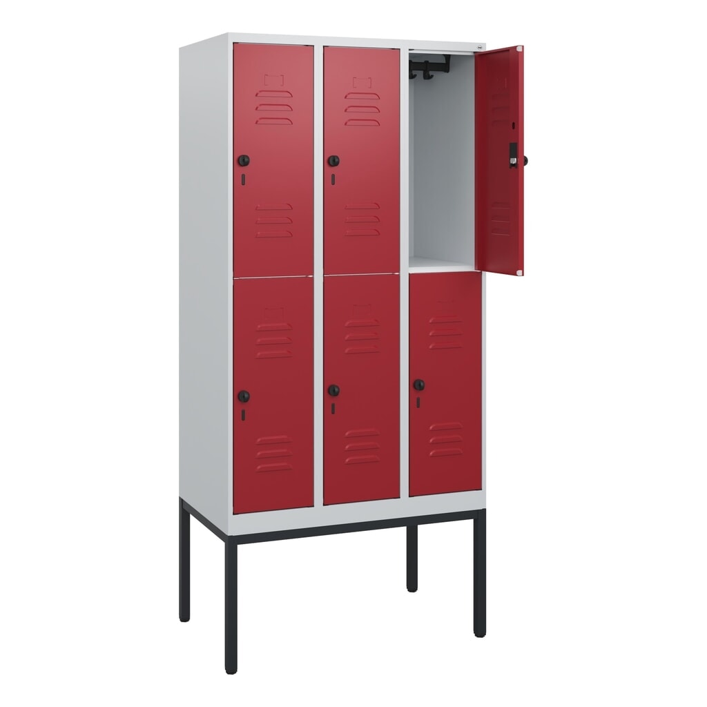 Illustration du produit: C+P Doppelstock-Spind Classic PLUS, Gestell, 3 Abteile, HxBxT 1.950 x 900 x 500 mm, lichtgrau, rubinrot, für Vorhängeschloss, 6 Fächer