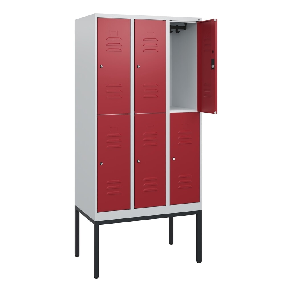 C+P Doppelstock-Spind Classic PLUS, Gestell, 3 Abteile, HxBxT 1.950 x 900 x 500 mm, lichtgrau, rubinrot, Zylinderschloss, 6 Fächer Illustration du produit: C+P Doppelstock-Spind Classic PLUS, Gestell, 3 Abteile, HxBxT 1.950 x 900 x 500 mm, lichtgrau, rubinrot, Zylinderschloss, 6 Fächer