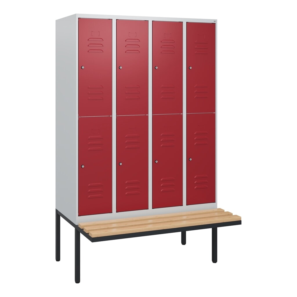N° de l'image du produit 9 : C+P Doppelstock-Spind Classic PLUS, 4 Abteile, HxBxT 1.950 x 1.200 x 815 mm, Zylinderschloss, auskragende Bank aus Buche, lichtgrau, rubinrot