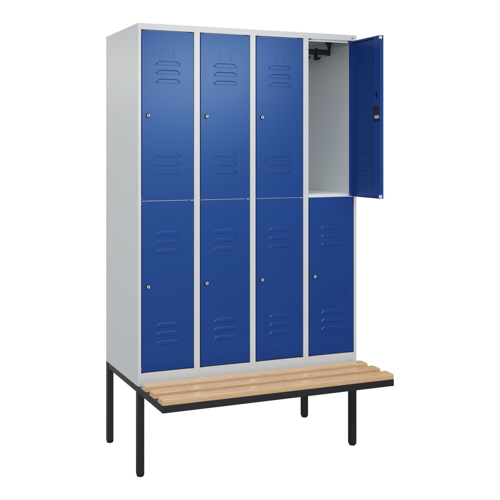 N° de l'image du produit 1 : C+P Doppelstock-Spind Classic PLUS, 4 Abteile, HxBxT 2.120 x 1.200 x 815 mm, Zylinderschloss, auskragende Bank aus Buche, lichtgrau, enzianblau