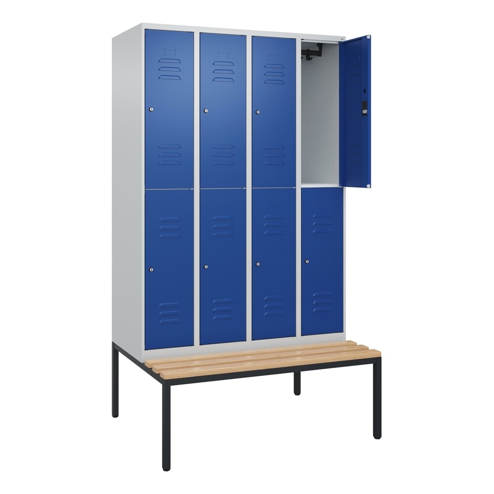 N° de l'image du produit 1 : C+P Doppelstock-Spind Classic PLUS, 4 Abteile, HxBxT 2.120 x 1.200 x 815 mm, Zylinderschloss, untergebaute Bank aus Buche, lichtgrau, enzianblau