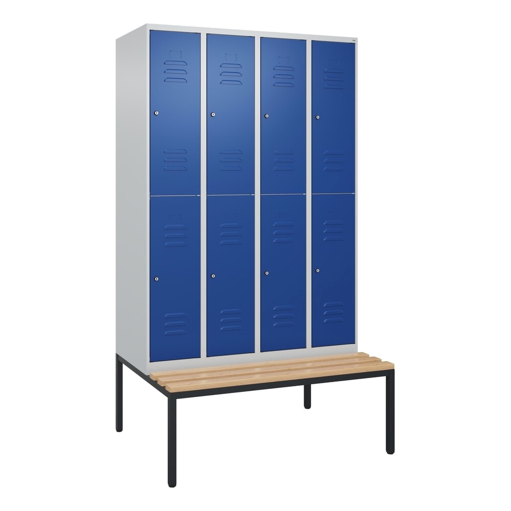 N° de l'image du produit 9 : C+P Doppelstock-Spind Classic PLUS, 4 Abteile, HxBxT 2.120 x 1.200 x 815 mm, Zylinderschloss, untergebaute Bank aus Buche, lichtgrau, enzianblau