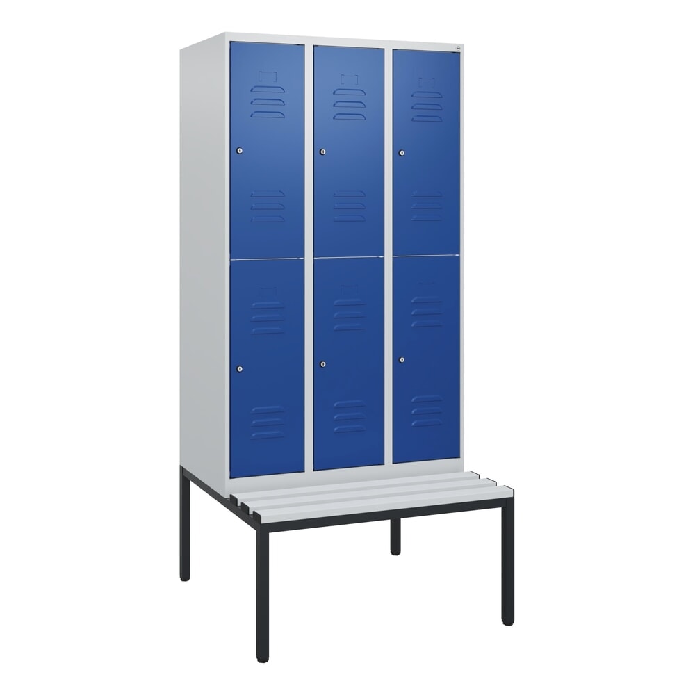 N° de l'image du produit 9 : C+P Doppelstock-Spind Classic PLUS, 3 Abteile, HxBxT 1.950 x 900 x 815 mm, Zylinderschloss, untergebaute Bank aus Kunststoff, lichtgrau, enzianblau