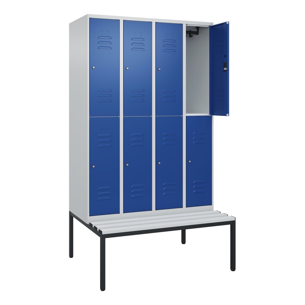 N° de l'image du produit 1 : C+P Doppelstock-Spind Classic PLUS, 4 Abteile, HxBxT 2.120 x 1.200 x 815 mm, Zylinderschloss, untergebaute Bank aus Kunststoff, lichtgrau, enzianblau