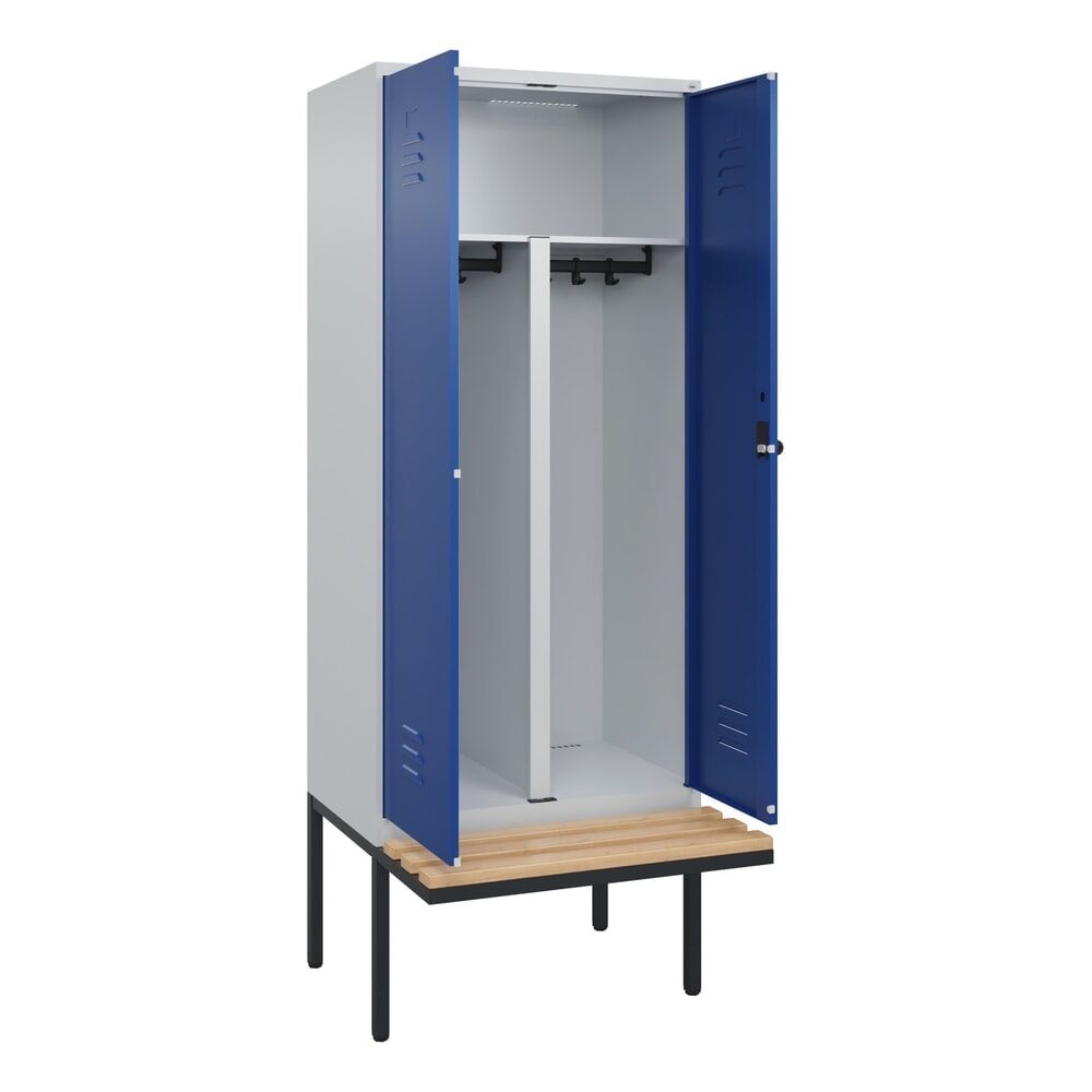 N° de l'image du produit 1 : C+P PSA Doppel-Spind Classic PLUS, 2 Abteile, HxBxT 2.120 x 800 x 815 mm, für Vorhängeschloss, auskragende Bank aus Buche, lichtgrau, enzianblau