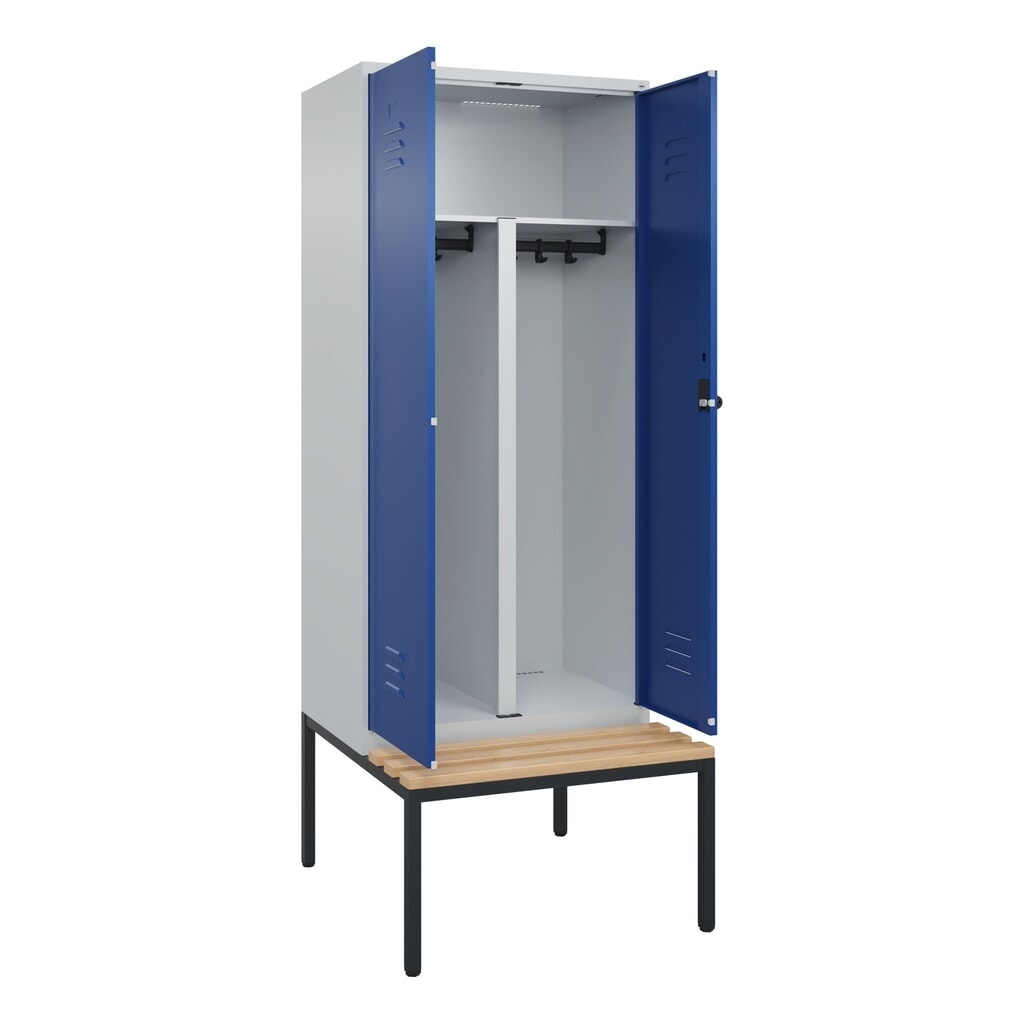 C+P PSA Doppel-Spind Classic PLUS, 2 Abteile, HxBxT 2.120 x 800 x 815 mm, für Vorhängeschloss, untergebaute Bank aus Buche, lichtgrau, enzianblau Illustration du produit: C+P PSA Doppel-Spind Classic PLUS, 2 Abteile, HxBxT 2.120 x 800 x 815 mm, für Vorhängeschloss, untergebaute Bank aus Buche, lichtgrau, enzianblau