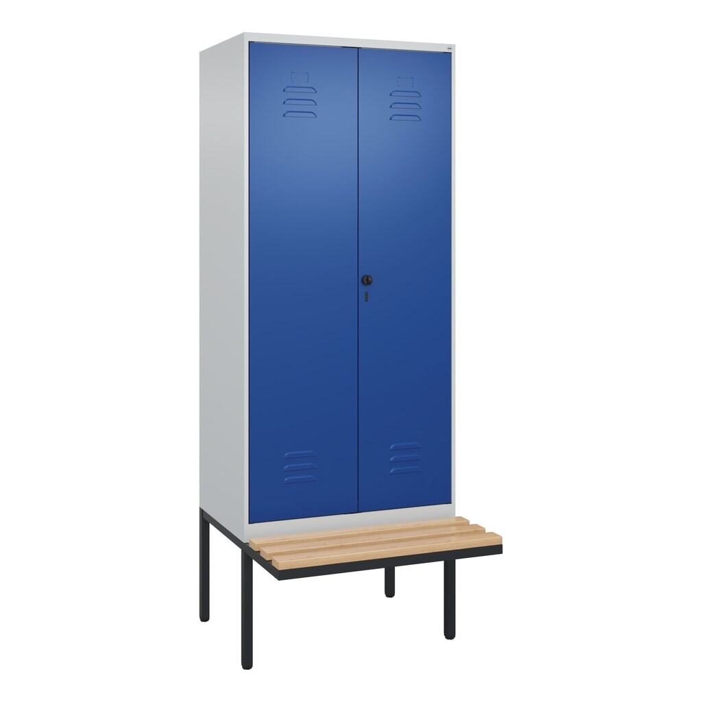 N° de l'image du produit 9 : C+P Schwarz-Weiß-Spind Classic PLUS, 2 Abteile, HxBxT 2.120 x 800 x 815 mm, für Vorhängeschloss, auskragende Bank aus Buche, lichtgrau, enzianblau