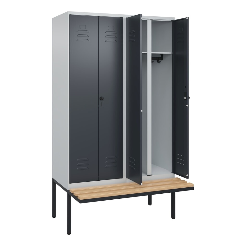 Illustration du produit: C+P Schwarz-Weiß-Spind Classic PLUS, 4 Abteile, HxBxT 2.120 x 1.200 x 815 mm, für Vorhängeschloss, auskragende Bank aus Buche, lichtgrau, anthrazitgrau