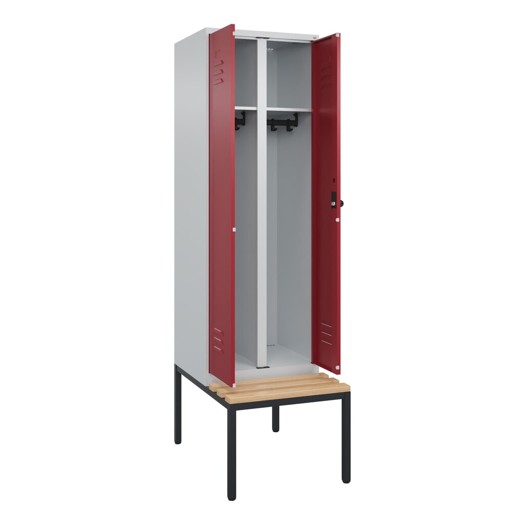 C+P Schwarz-Weiß-Spind Classic PLUS, 2 Abteile, HxBxT 2.120 x 600 x 815 mm, für Vorhängeschloss, untergebaute Bank aus Buche, lichtgrau, rubinrot N° de l'image du produit 1 : C+P Schwarz-Weiß-Spind Classic PLUS, 2 Abteile, HxBxT 2.120 x 600 x 815 mm, für Vorhängeschloss, untergebaute Bank aus Buche, lichtgrau, rubinrot