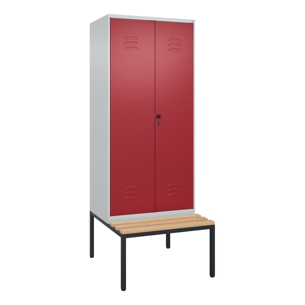 N° de l'image du produit 8 : C+P Schwarz-Weiß-Spind Classic PLUS, 2 Abteile, HxBxT 2.120 x 800 x 815 mm, für Vorhängeschloss, untergebaute Bank aus Buche, lichtgrau, rubinrot