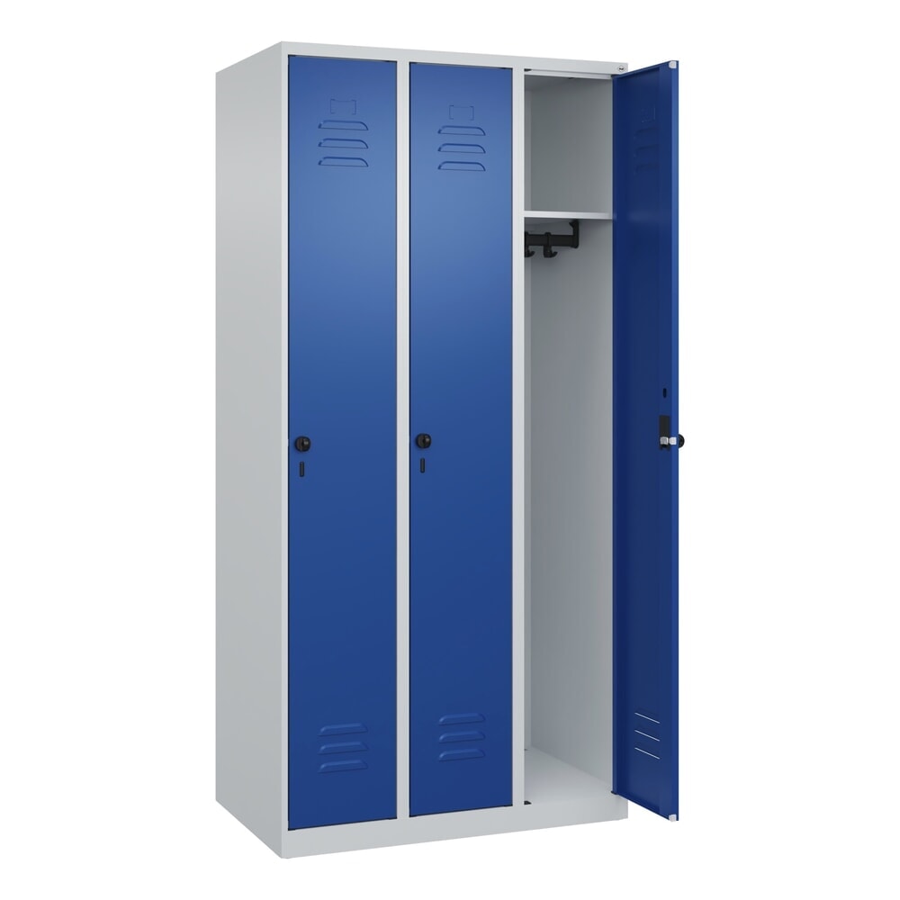 N° de l'image du produit 1 : C+P Spind Classic PLUS, 3 Abteile, HxBxT 1.850 x 900 x 500 mm, lichtgrau, enzianblau, für Vorhängeschloss, ohne Mitteltrennwand