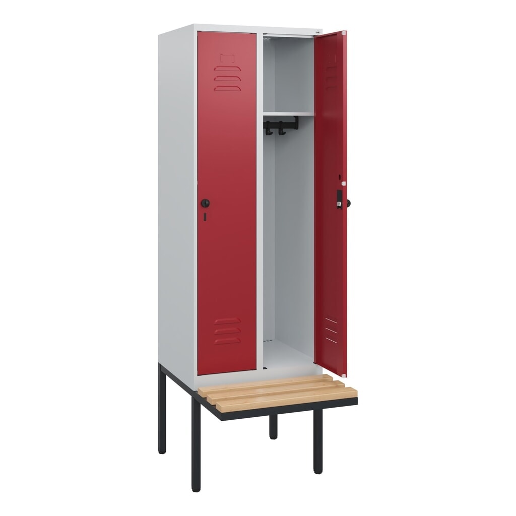 Illustration du produit: C+P Spind Classic PLUS, 2 Abteile, HxBxT 1.950 x 600 x 815 mm, für Vorhängeschloss, auskragende Bank aus Buche, lichtgrau, rubinrot