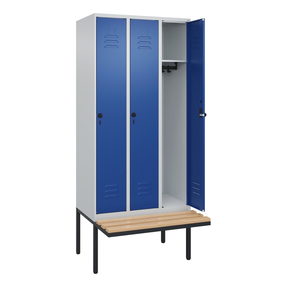 N° de l'image du produit 1 : C+P Spind Classic PLUS, 3 Abteile, HxBxT 2.120 x 900 x 815 mm, für Vorhängeschloss, auskragende Bank aus Buche, lichtgrau, enzianblau