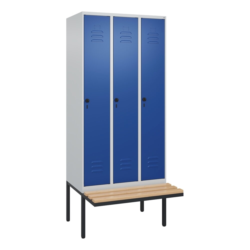 N° de l'image du produit 9 : C+P Spind Classic PLUS, 3 Abteile, HxBxT 2.120 x 900 x 815 mm, für Vorhängeschloss, auskragende Bank aus Buche, lichtgrau, enzianblau