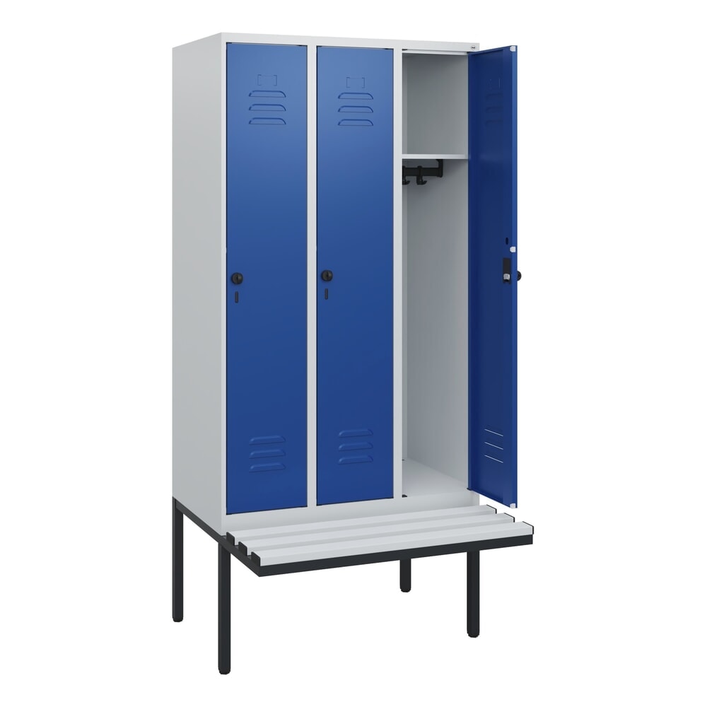 N° de l'image du produit 1 : C+P Spind Classic PLUS, 3 Abteile, HxBxT 1.950 x 900 x 815 mm, für Vorhängeschloss, auskragende Bank aus Kunststoff, lichtgrau, enzianblau