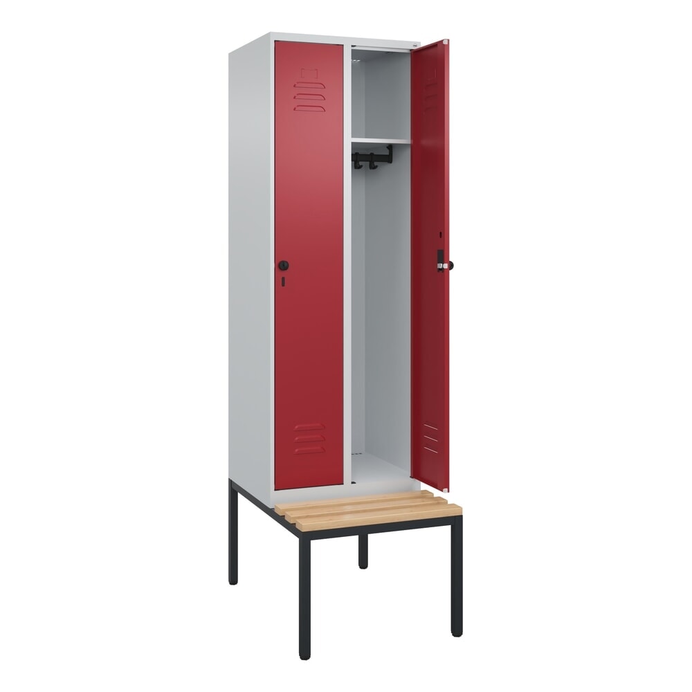 Illustration du produit: C+P Spind Classic PLUS, 2 Abteile, HxBxT 2.120 x 600 x 815 mm, für Vorhängeschloss, untergebaute Bank aus Buche, lichtgrau, rubinrot