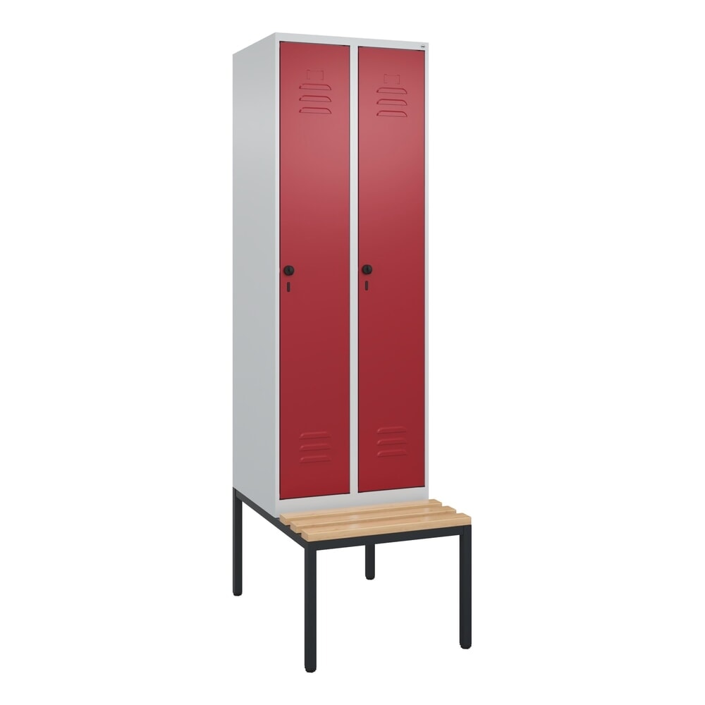 N° de l'image du produit 8 : C+P Spind Classic PLUS, 2 Abteile, HxBxT 2.120 x 600 x 815 mm, für Vorhängeschloss, untergebaute Bank aus Buche, lichtgrau, rubinrot