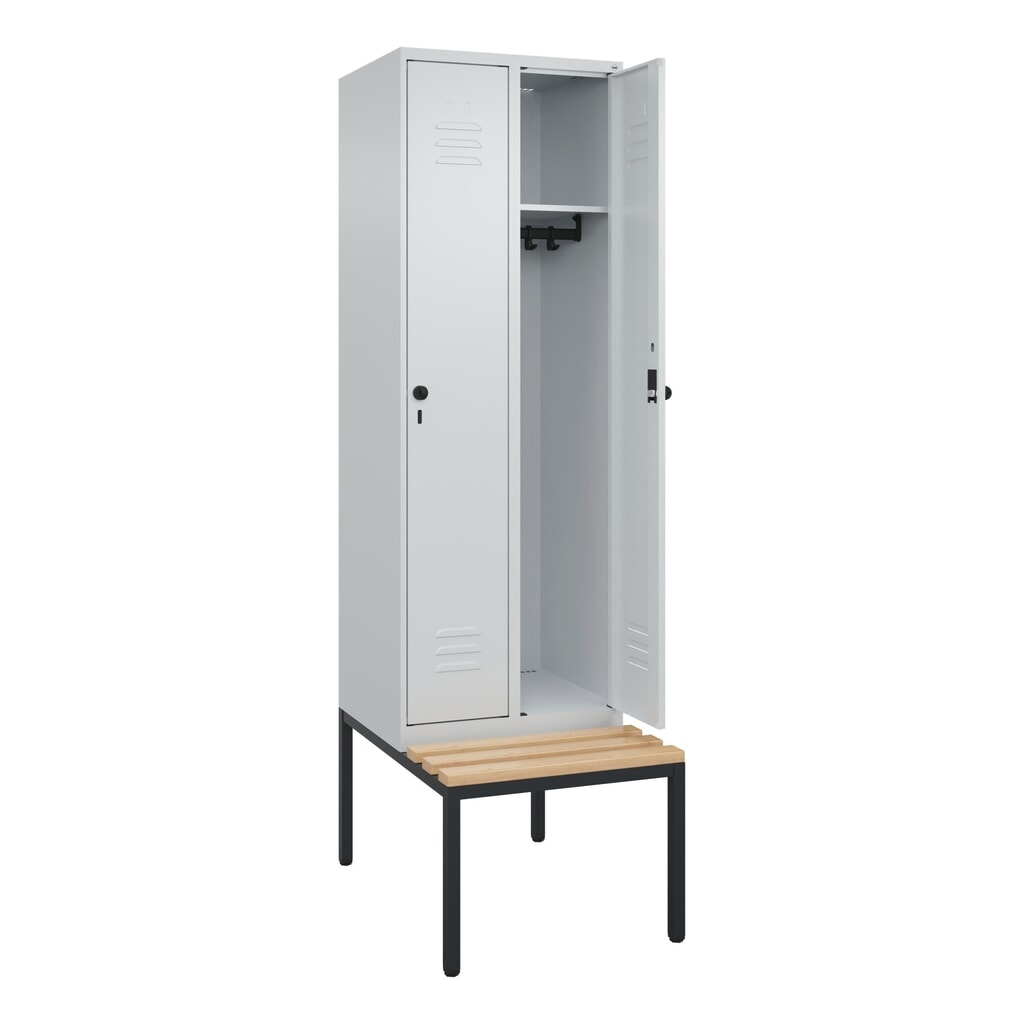 C+P Spind Classic PLUS, 2 Abteile, HxBxT 2.120 x 600 x 815 mm, für Vorhängeschloss, untergebaute Bank aus Buche, lichtgrau, lichtgrau Illustration du produit: C+P Spind Classic PLUS, 2 Abteile, HxBxT 2.120 x 600 x 815 mm, für Vorhängeschloss, untergebaute Bank aus Buche, lichtgrau, lichtgrau