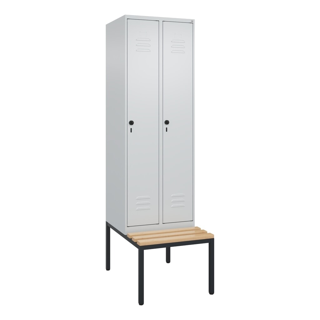N° de l'image du produit 9 : C+P Spind Classic PLUS, 2 Abteile, HxBxT 2.120 x 600 x 815 mm, für Vorhängeschloss, untergebaute Bank aus Buche, lichtgrau, lichtgrau