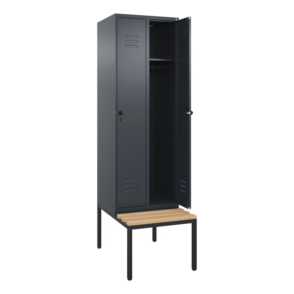 Illustration du produit: C+P Spind Classic PLUS, 2 Abteile, HxBxT 2.120 x 600 x 815 mm, für Vorhängeschloss, untergebaute Bank aus Buche, anthrazitgrau, anthrazitgrau