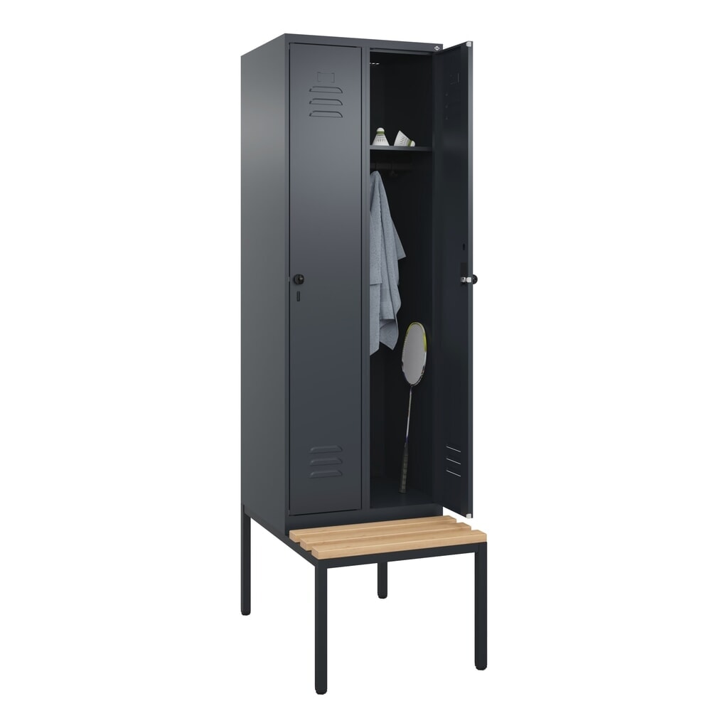 N° de l'image du produit 10 : C+P Spind Classic PLUS, 2 Abteile, HxBxT 2.120 x 600 x 815 mm, für Vorhängeschloss, untergebaute Bank aus Buche, anthrazitgrau, anthrazitgrau