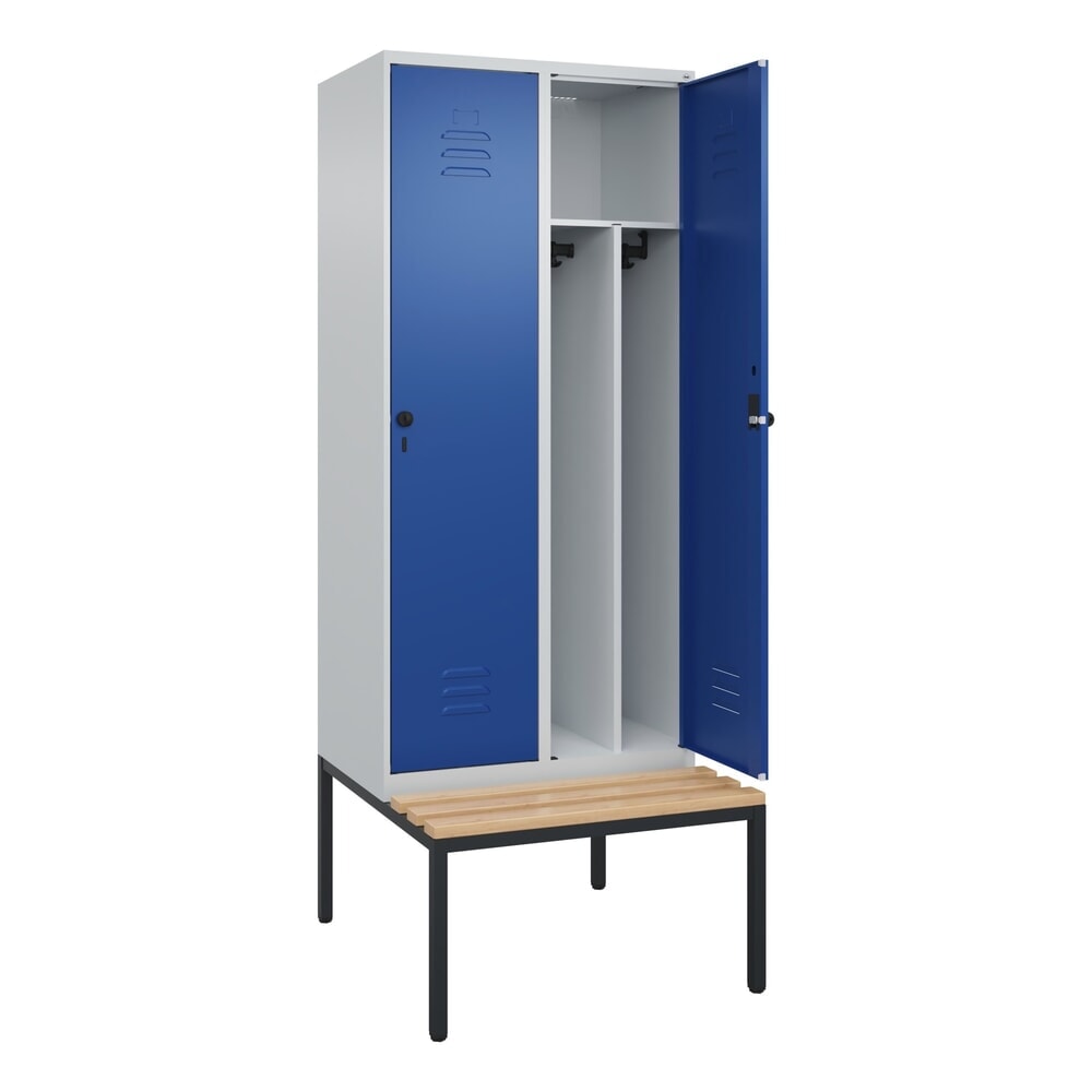 N° de l'image du produit 1 : C+P Spind Classic PLUS, 2 Abteile, Trennwand, HxBxT 2.120 x 800 x 815 mm, für Vorhängeschloss, Trennwand, untergebaute Bank aus Buche, lichtgrau, enzianblau