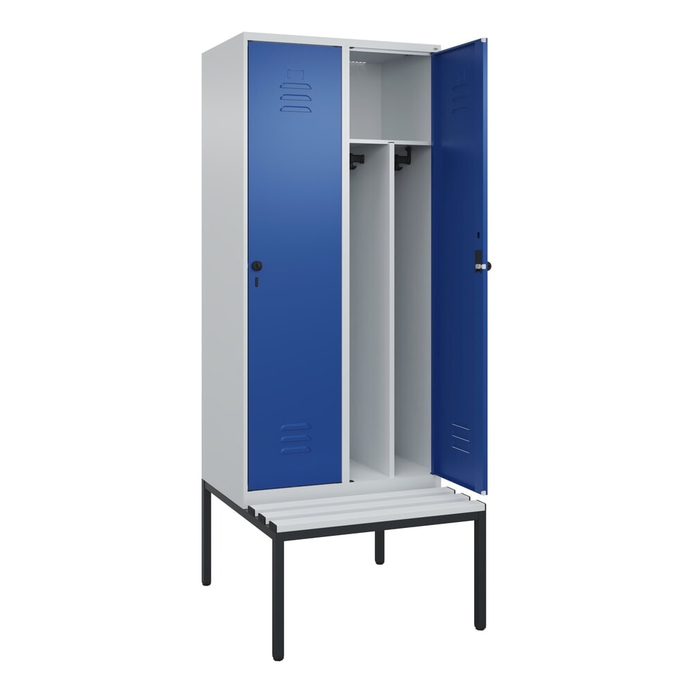 N° de l'image du produit 1 : C+P Spind Classic PLUS, 2 Abteile, Trennwand, HxBxT 2.120 x 800 x 815 mm, für Vorhängeschloss, Trennwand, untergebaute Bank aus Kunststoff, lichtgrau, enzianblau