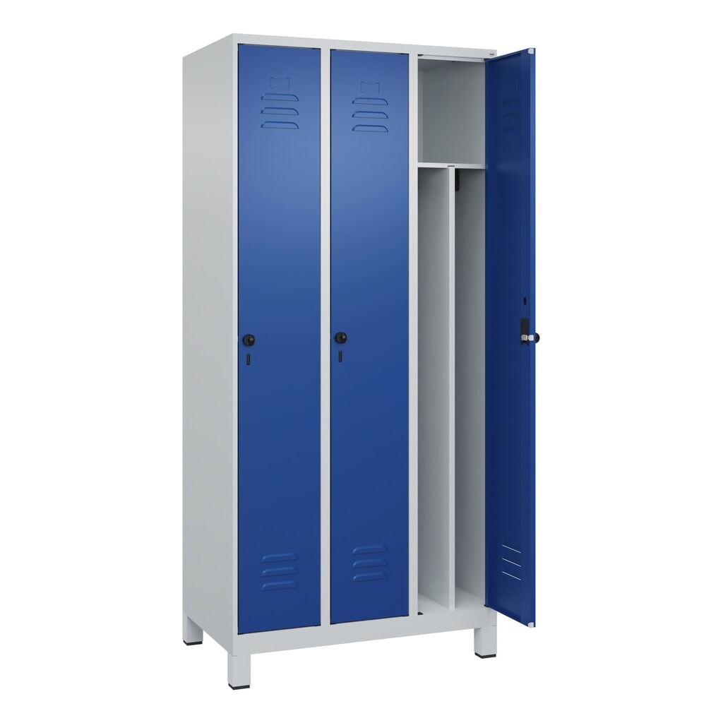 Illustration du produit: C+P Spind Classic PLUS, Füße, 3 Abteile, HxBxT 1.950 x 900 x 500 mm, lichtgrau, enzianblau, für Vorhängeschloss, mit Mitteltrennwand
