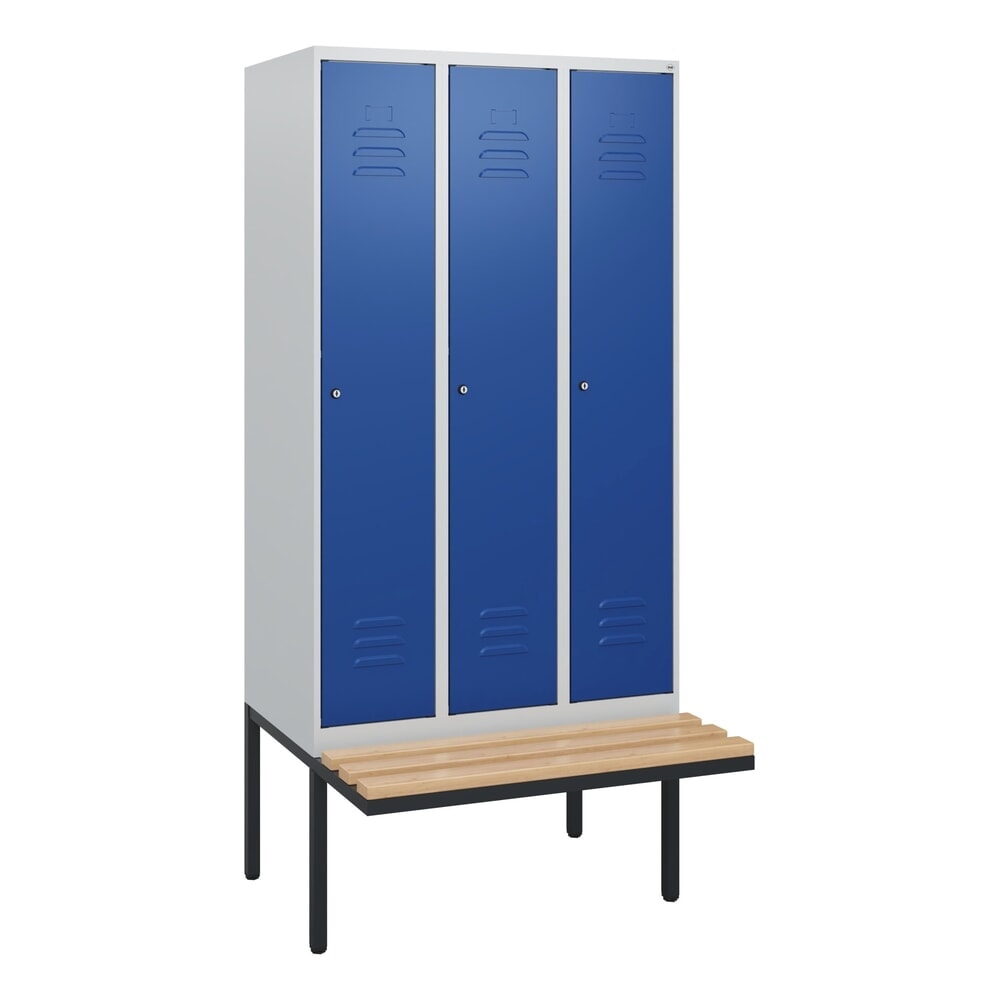 N° de l'image du produit 9 : C+P Spind Classic PLUS, 3 Abteile, HxBxT 1.950 x 900 x 815 mm, Zylinderschloss, auskragende Bank aus Buche, lichtgrau, enzianblau