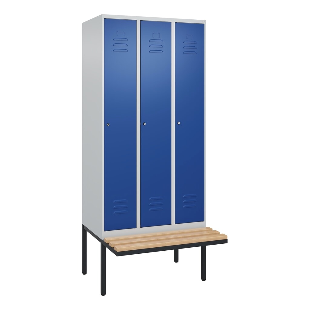 C+P Spind Classic PLUS, 3 Abteile, HxBxT 2.120 x 900 x 815 mm, Zylinderschloss, auskragende Bank aus Buche, lichtgrau, enzianblau N° de l'image du produit 9 : C+P Spind Classic PLUS, 3 Abteile, HxBxT 2.120 x 900 x 815 mm, Zylinderschloss, auskragende Bank aus Buche, lichtgrau, enzianblau