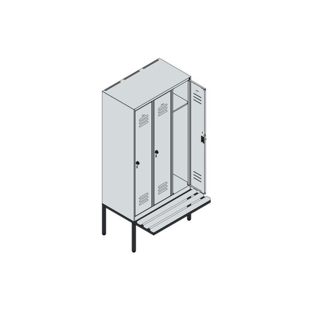N° de l'image du produit 8 : C+P Spind Classic PLUS, 3 Abteile, HxBxT 1.950 x 900 x 815 mm, Zylinderschloss, auskragende Bank aus Buche, lichtgrau, enzianblau