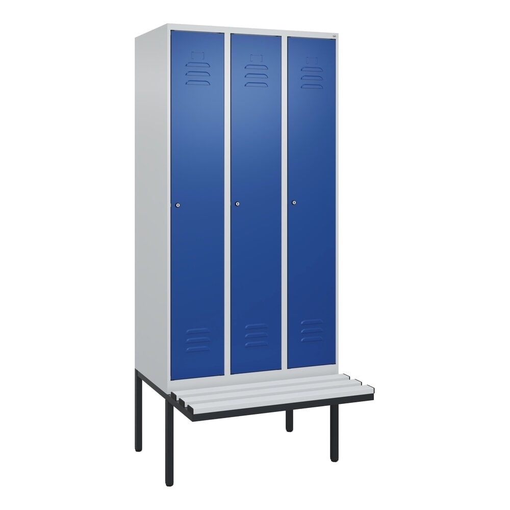 N° de l'image du produit 9 : C+P Spind Classic PLUS, 3 Abteile, HxBxT 2.120 x 900 x 815 mm, Zylinderschloss, auskragende Bank aus Kunststoff, lichtgrau, enzianblau