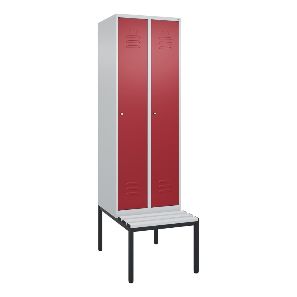 N° de l'image du produit 9 : C+P Spind Classic PLUS, 2 Abteile, HxBxT 2.120 x 600 x 815 mm, Zylinderschloss, untergebaute Bank aus Kunststoff, lichtgrau, rubinrot