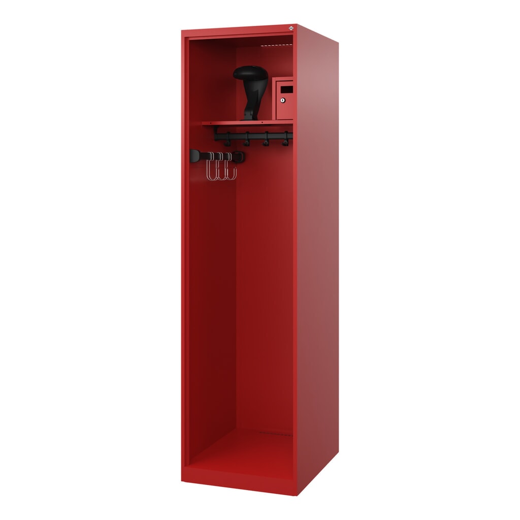 C+P Vestiaire pompier FLEXO, patins, 1 compartiment, HxlxP 1 850 x 500 x 600 mm, rouge feu, avec support de casque Illustration du produit: C+P Vestiaire pompier FLEXO, patins, 1 compartiment, HxlxP 1 850 x 500 x 600 mm, rouge feu, avec support de casque