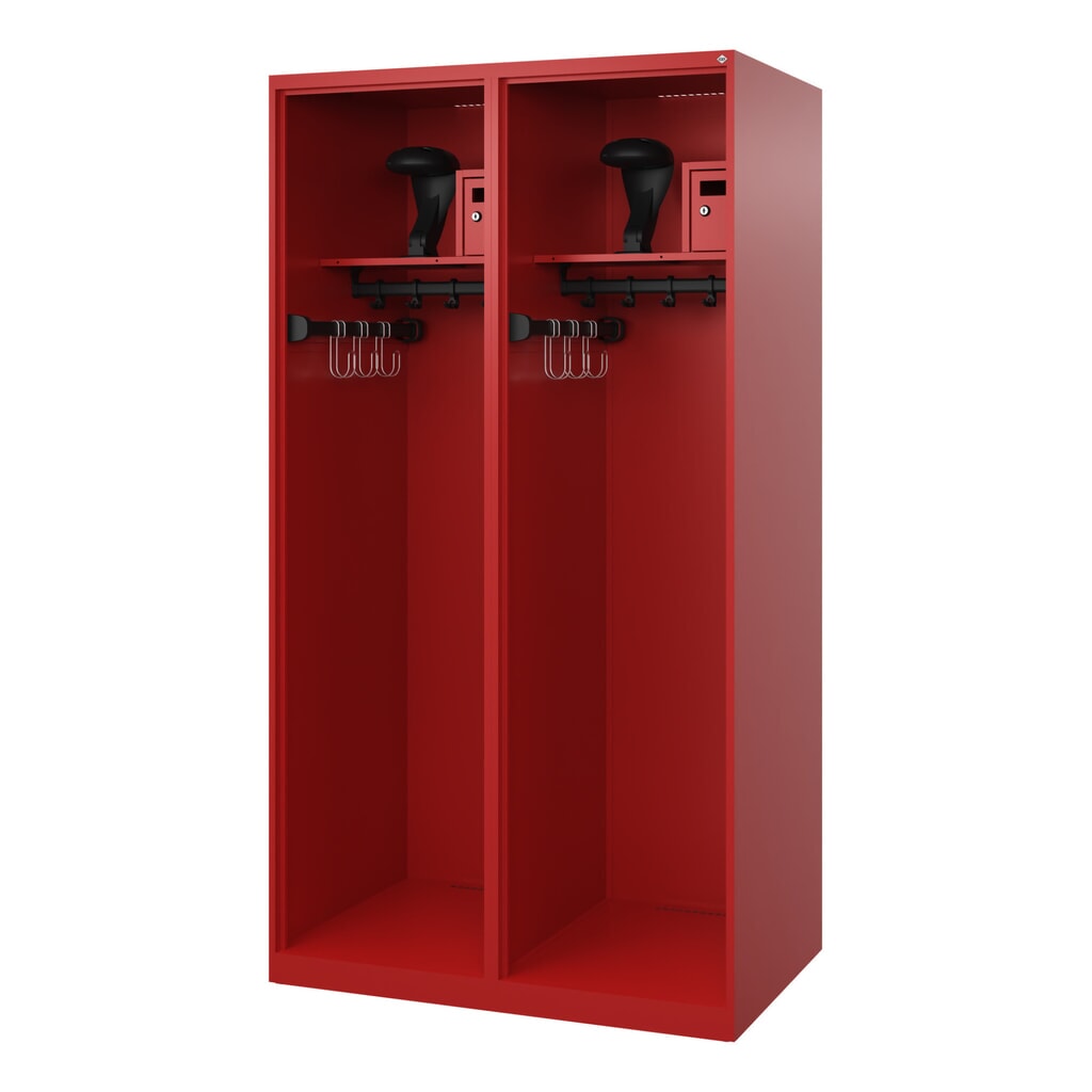 C+P Vestiaire pompier FLEXO, patins, 2 compartiments, HxlxP 1 850 x 1 000 x 600 mm, rouge feu, avec support de casque Illustration du produit: C+P Vestiaire pompier FLEXO, patins, 2 compartiments, HxlxP 1 850 x 1 000 x 600 mm, rouge feu, avec support de casque