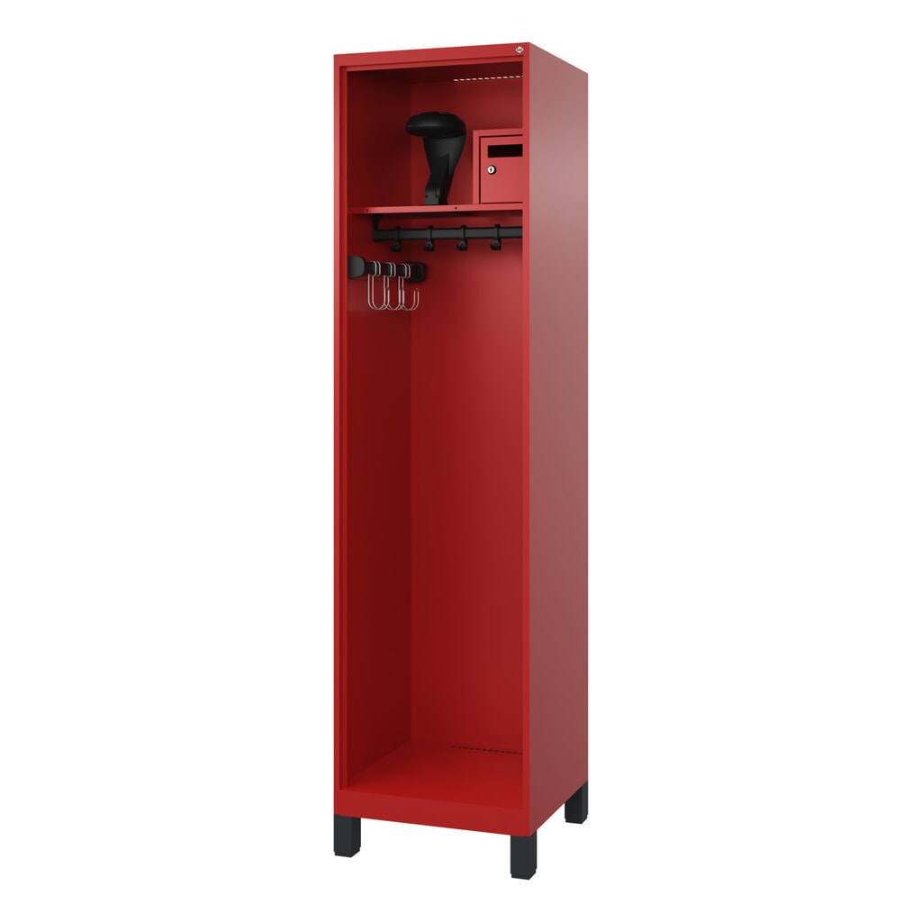 Illustration du produit: C+P Vestiaire pompier FLEXO, pieds, 1 compartiment, HxlxP 1 850 x 500 x 500 mm, rouge feu, avec support de casque