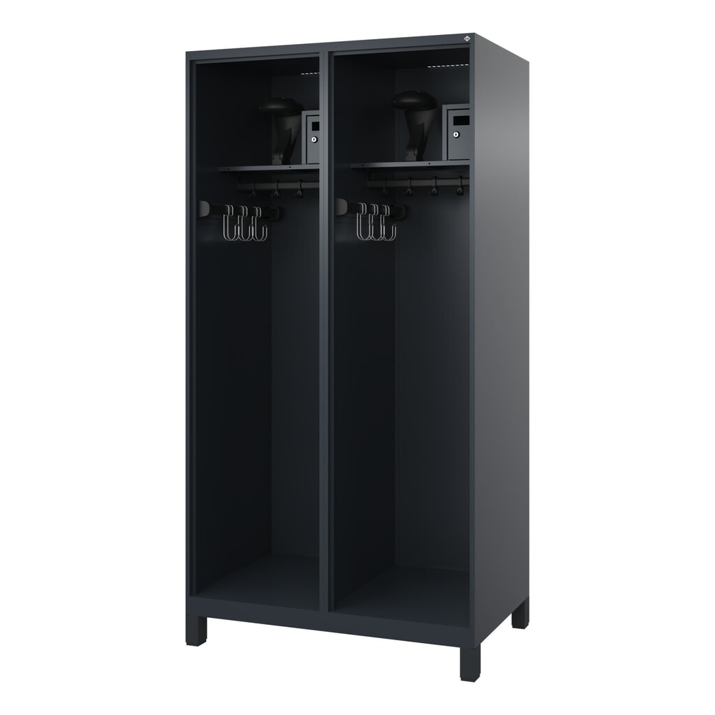 Illustration du produit: C+P Vestiaire pompier FLEXO, pieds, 2 compartiments, HxlxP 1 850 x 1 000 x 600 mm, gris anthracite, avec support de casque