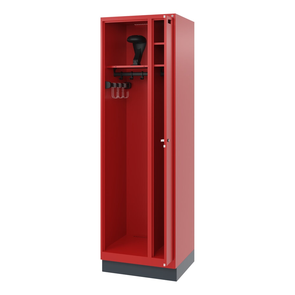 N° de l'image du produit 1 : C+P Vestiaire pompier KOMBI, socle, 1 compartiment, HxlxP 1 850 x 600 x 500 mm, rouge feu, avec support de casque