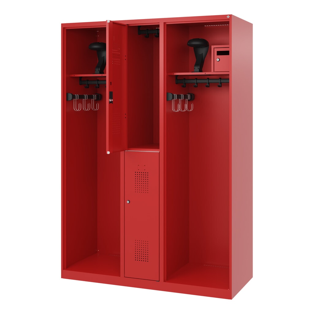 C+P Vestiaire pompier MAXI, patins, HxlxP 1 850 x 1 300 x 500 mm, rouge feu, avec support de casque Illustration du produit: C+P Vestiaire pompier MAXI, patins, HxlxP 1 850 x 1 300 x 500 mm, rouge feu, avec support de casque