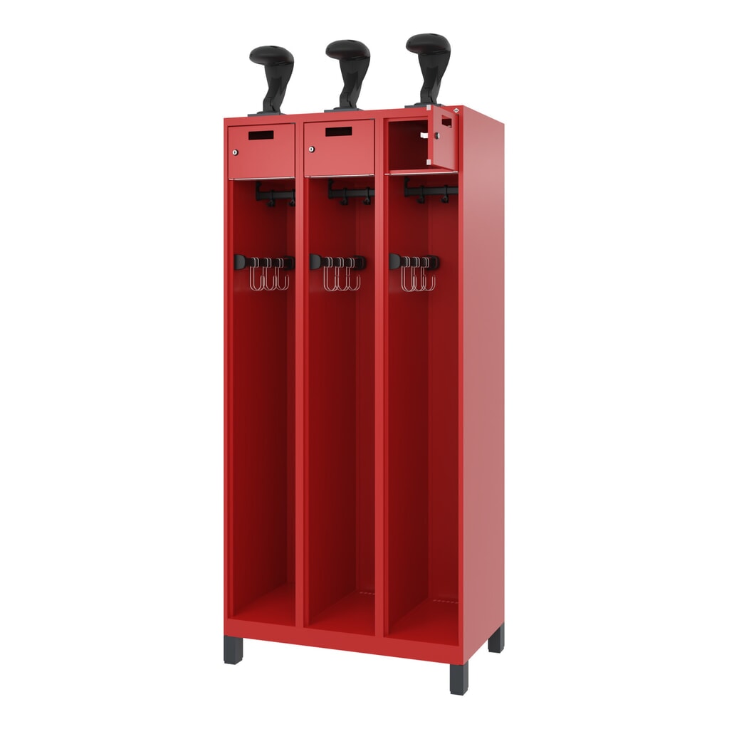 Illustration du produit: C+P Vestiaire pompier PRAKTUS, pieds, 3 compartiments, HxlxP 1 850 x 900 x 500 mm, rouge feu, avec support de casque