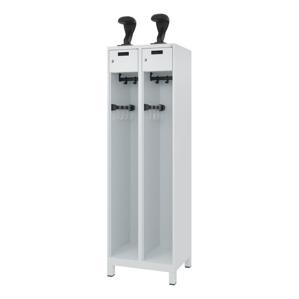N° de l'image du produit 5 : C+P Vestiaire pompier PRAKTUS, pieds, 2 compartiments, HxlxP 1 850 x 600 x 500 mm, gris clair, avec support de casque