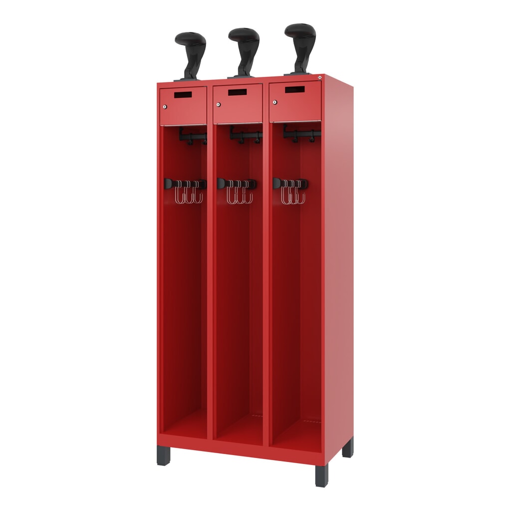 N° de l'image du produit 5 : C+P Vestiaire pompier PRAKTUS, pieds, 3 compartiments, HxlxP 1 850 x 900 x 500 mm, rouge feu, avec support de casque