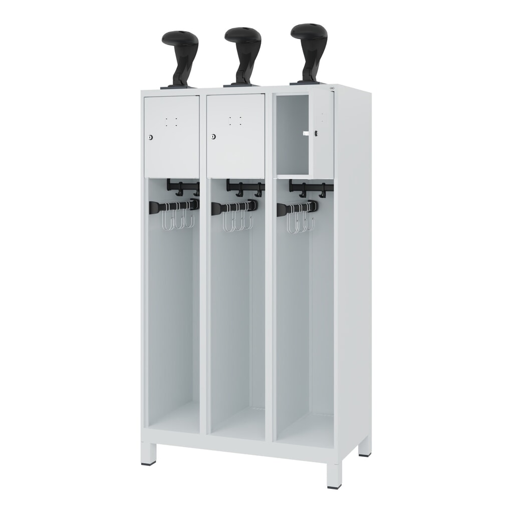 Illustration du produit: C+P Vestiaire pompier YOUNGSTER, pieds, 3 compartiments, HxlxP 1 530 x 900 x 500 mm, gris clair, avec support de casque