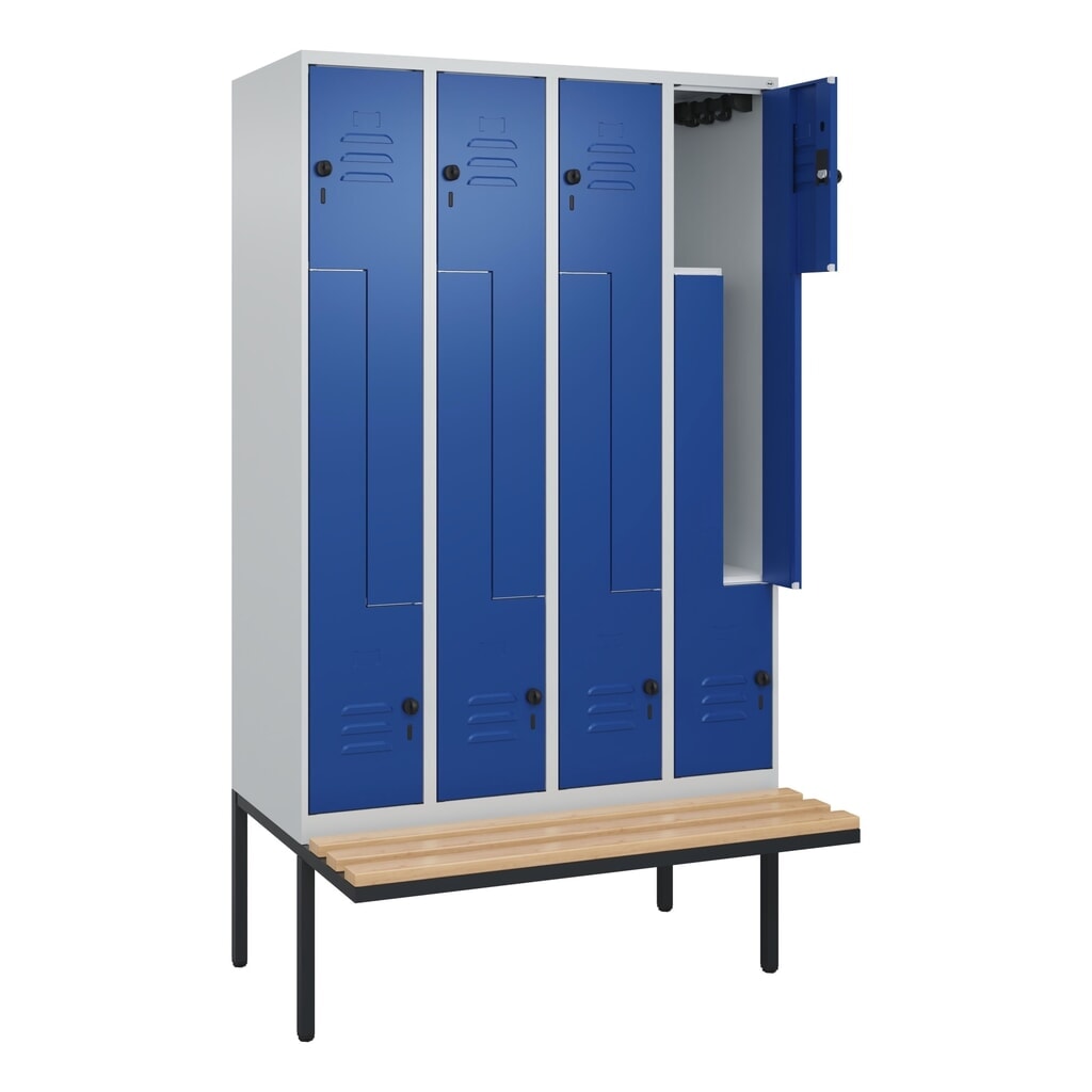 Illustration du produit: C+P Z-Spind Classic PLUS, 8 Abteile, HxBxT 2.120 x 1.200 x 815 mm, für Vorhängeschloss, auskragende Bank aus Buche, lichtgrau, enzianblau