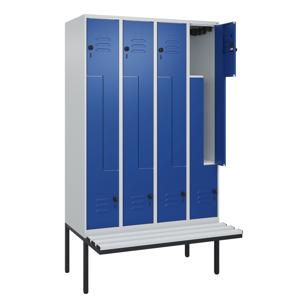 N° de l'image du produit 1 : C+P Z-Spind Classic PLUS, 8 Abteile, HxBxT 2.120 x 1.200 x 815 mm, für Vorhängeschloss, auskragende Bank aus Kunststoff, lichtgrau, enzianblau
