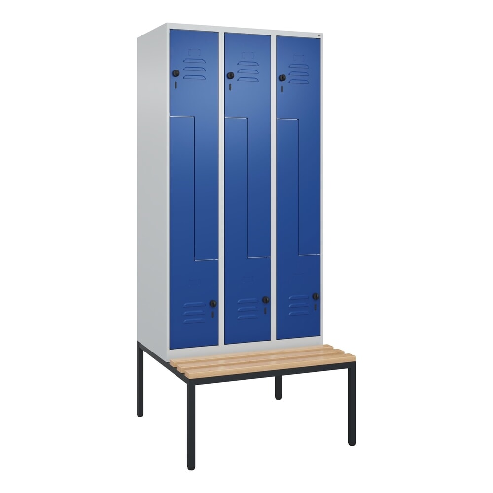 N° de l'image du produit 9 : C+P Z-Spind Classic PLUS, 6 Abteile, HxBxT 2.120 x 900 x 815 mm, für Vorhängeschloss, untergebaute Bank aus Buche, lichtgrau, enzianblau