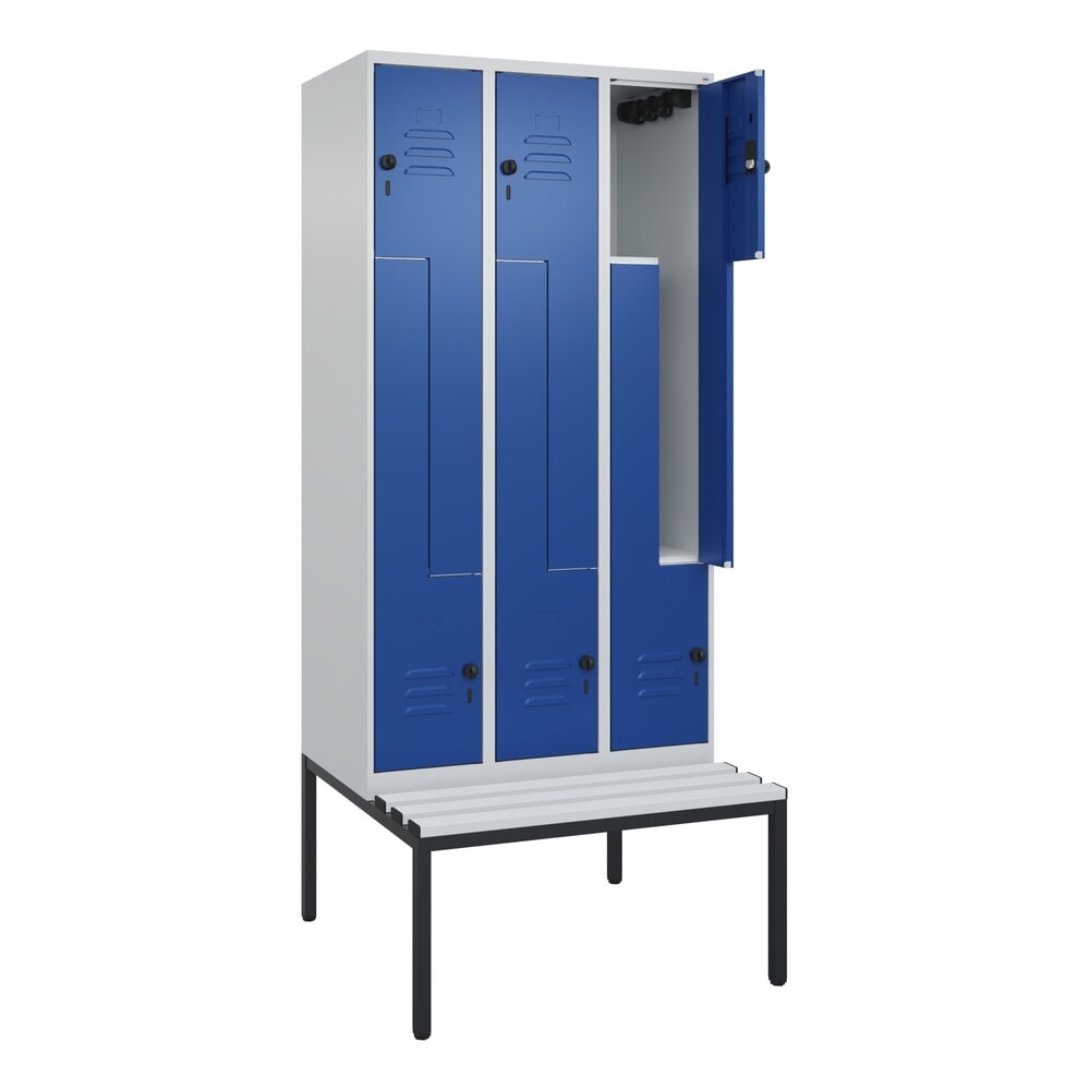 N° de l'image du produit 1 : C+P Z-Spind Classic PLUS, 6 Abteile, HxBxT 2.120 x 900 x 815 mm, für Vorhängeschloss, untergebaute Bank aus Kunststoff, lichtgrau, enzianblau