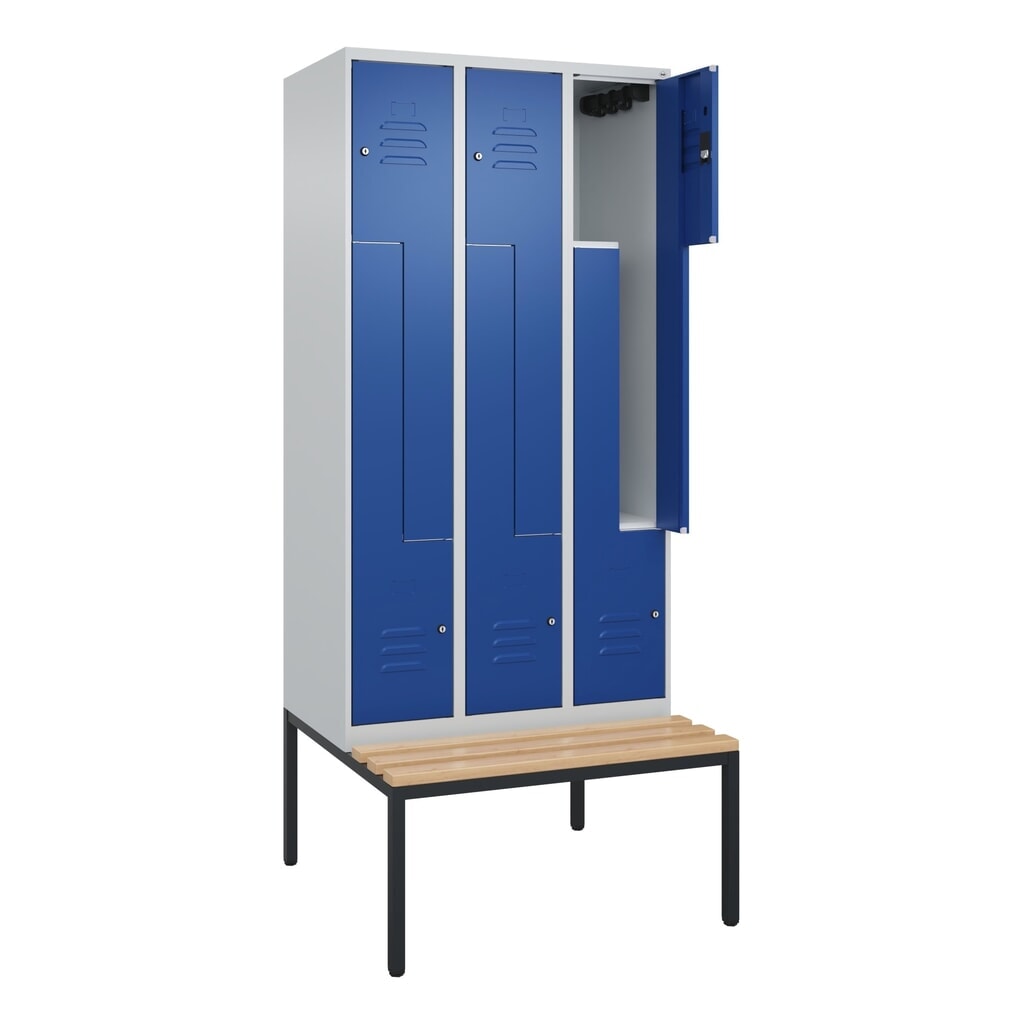 Illustration du produit: C+P Z-Spind Classic PLUS, 6 Abteile, HxBxT 2.120 x 900 x 815 mm, Zylinderschloss, untergebaute Bank aus Buche, lichtgrau, enzianblau