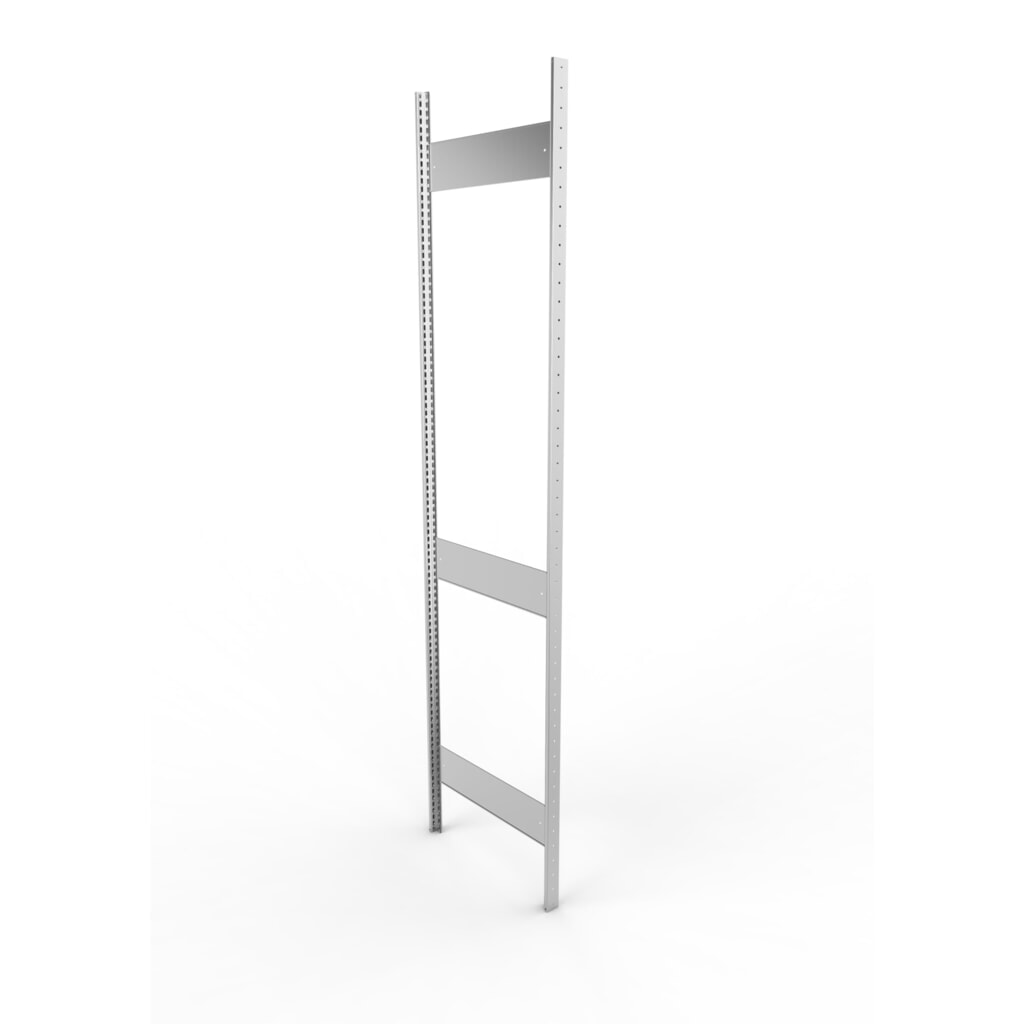 Cadre à montants pour rayonnage à tablettes META, clinché, 2 espaces intermédiaires, H x l 2 500 x 600 mm, galvanisé Illustration du produit: Cadre à montants pour rayonnage à tablettes META, clinché, 2 espaces intermédiaires, H x l 2 500 x 600 mm, galvanisé